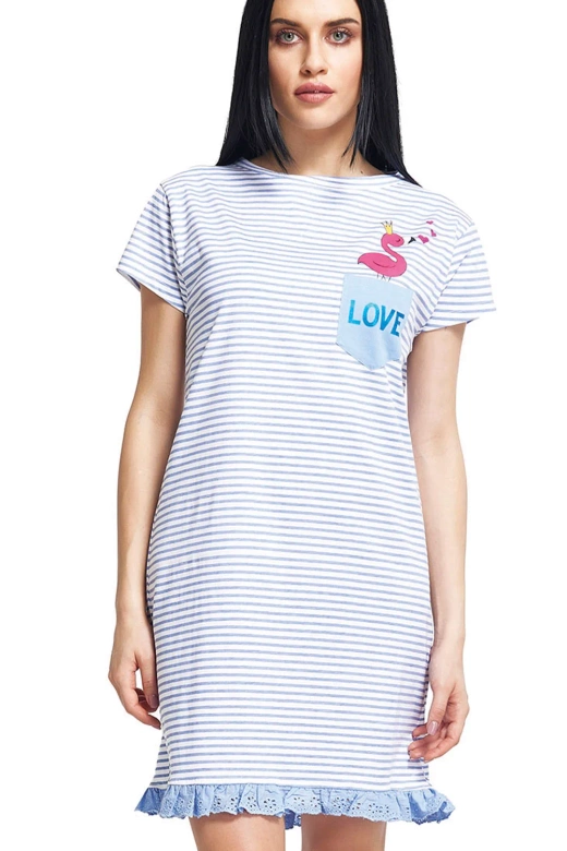 Koszula nocna w paski z koronkową falbanką Oxksana, niebieska