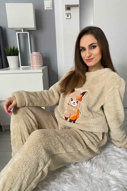 Ciepła miękka damska piżama z polaru soft słodka LAMA, beż