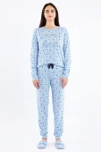 Miękka piżama damska z metalicznym napisem i kokardką DENISA, błękitna