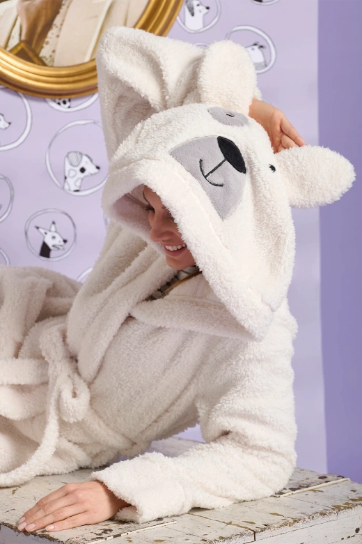 Puszysty ciepły szlafrok damski z kapturem i uszkami IGRID, biały