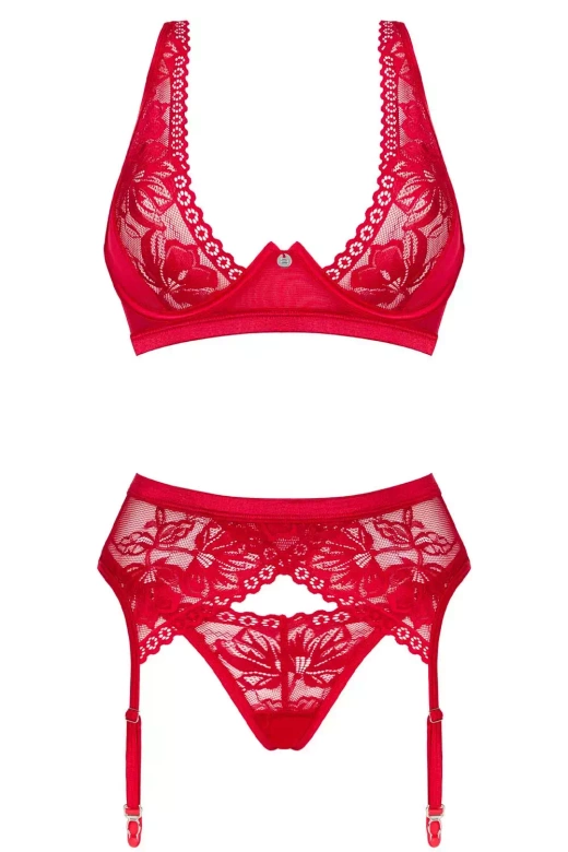 Komplet koronkowej bielizny LACELOVE SET 3części, red