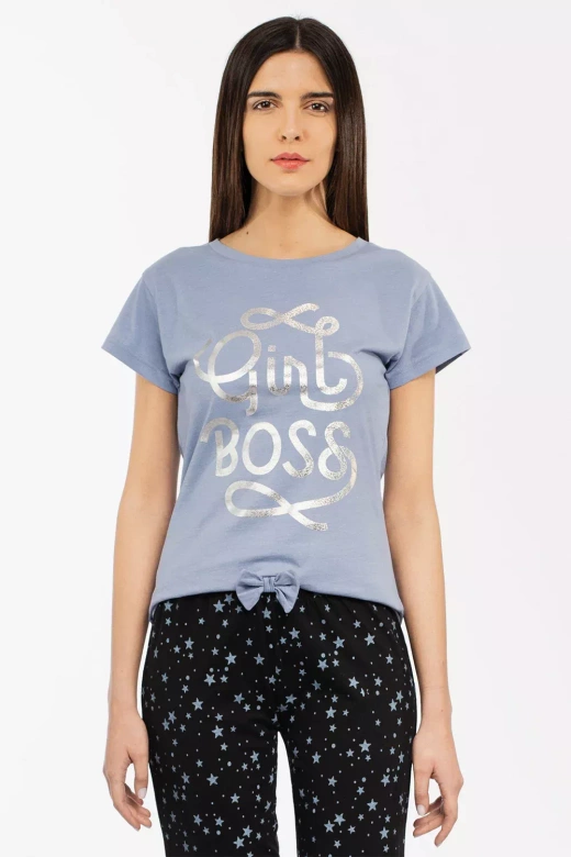 Bawełniana Krótka Piżama Damska GIRLY w gwiazdy, niebieska