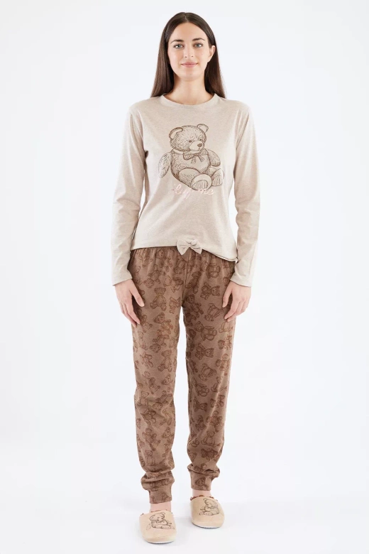 Piżama damska Lily z uroczym misiem, beżowa