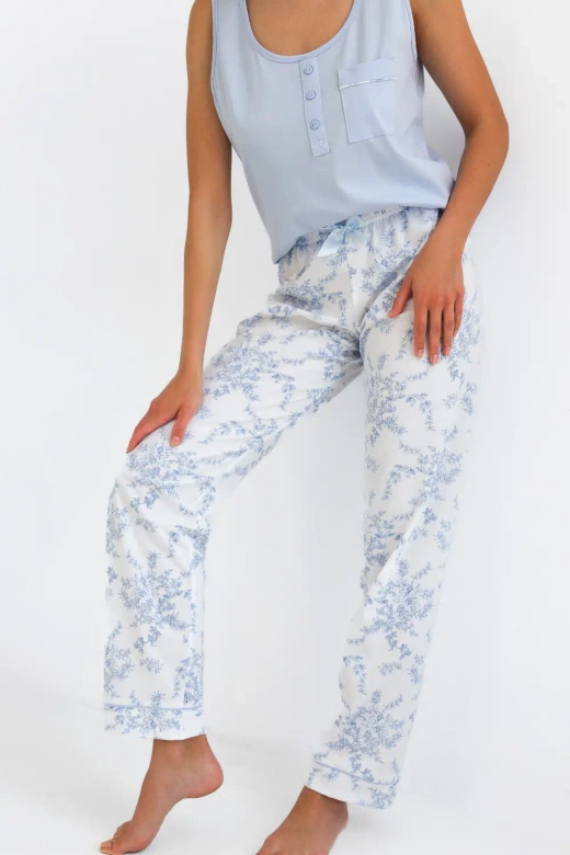 Bawełniana długa piżama ARELY z kieszonką, niebieska