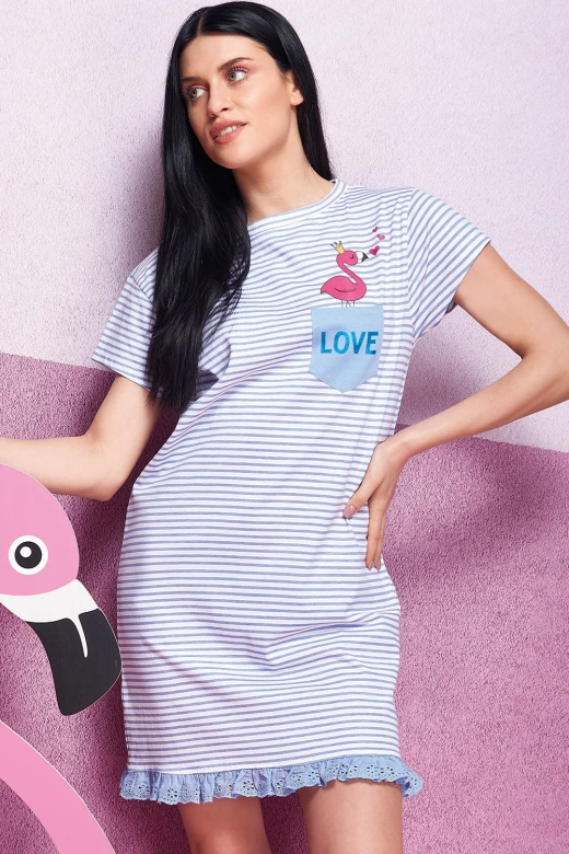 Koszula nocna w paski z koronkową falbanką Oxksana, niebieska