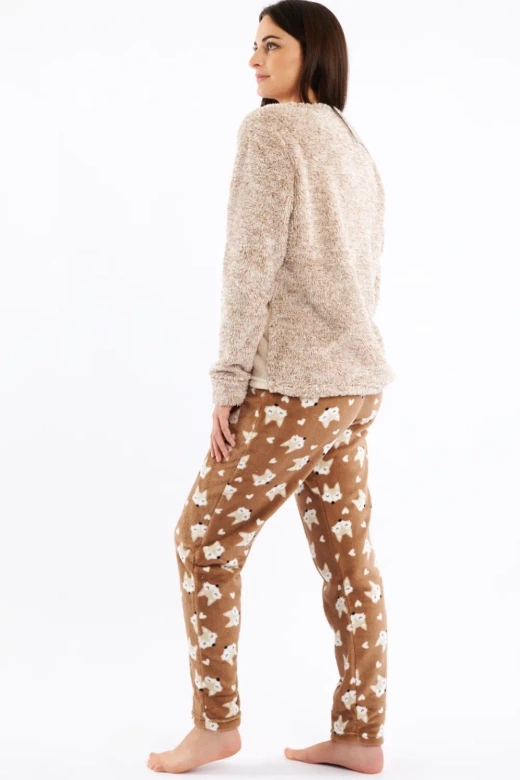 Ciepła miękka długa damska piżama LISEK, brąz