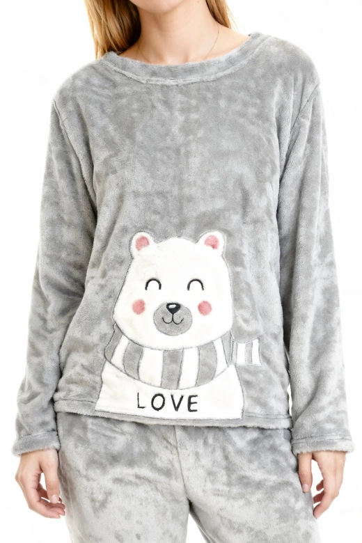 Luźna piżama welurowa z uroczym haftem MIŚ, szara