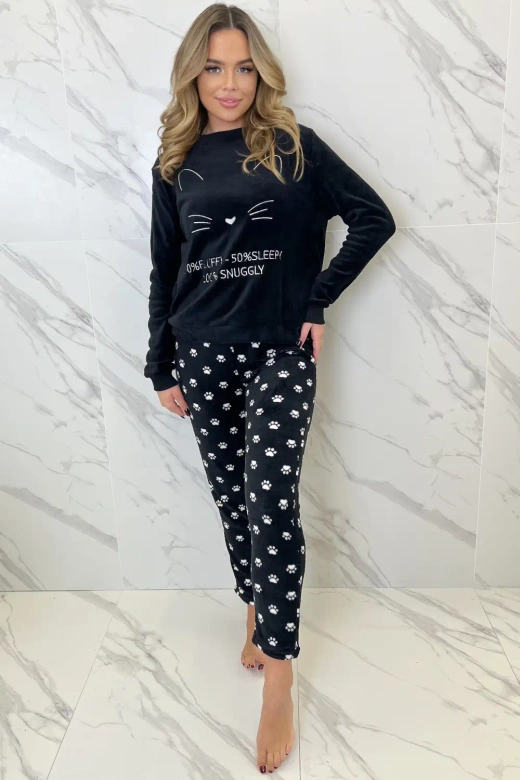 Ciepła miękka długa damska piżama SLEEPY, czarna
