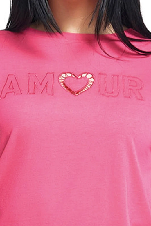 Bawełniana piżama długa damska z ażurowym haftem i paskami Juliana, różowa