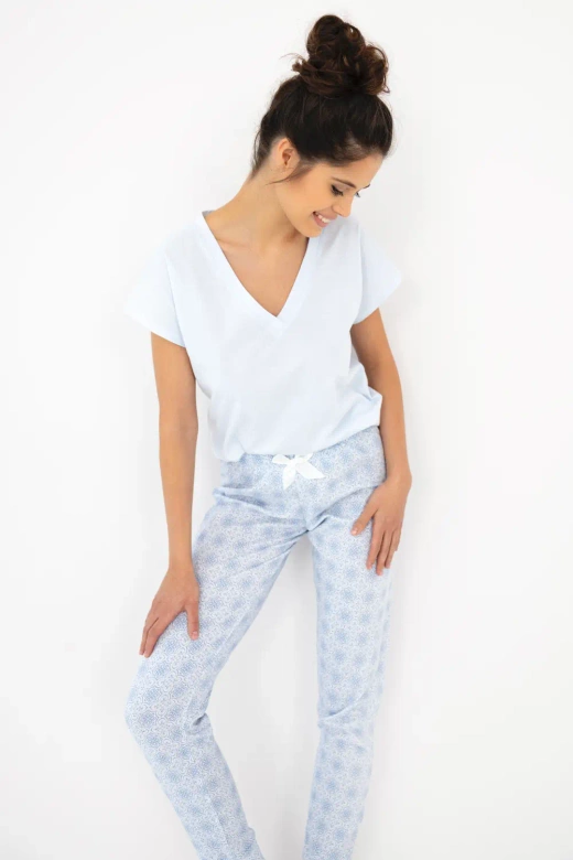 Długa piżama damska 100% bawełna Evelina, niebieska