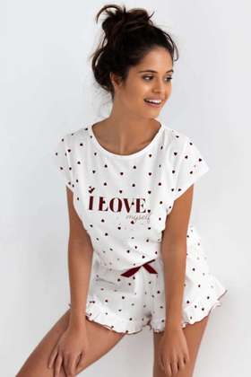 Piżama damska krótka bawełna w serca VALENTINA, biały
