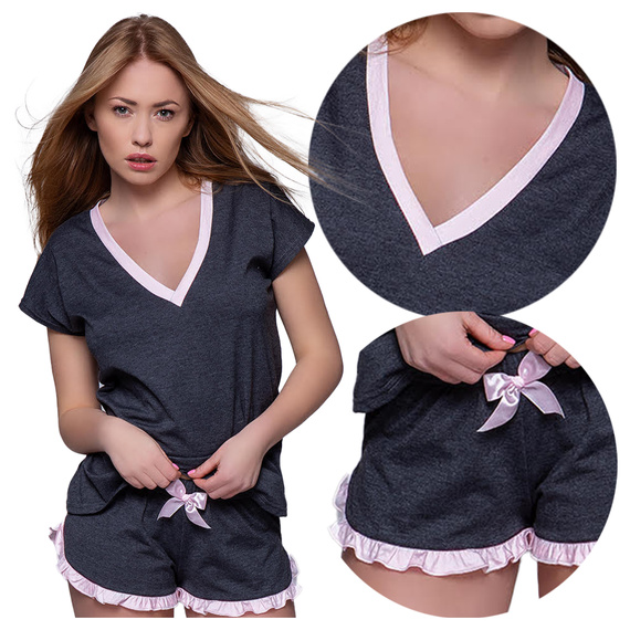 Krótka bawełniana piżamka z kokardką NADIA, grafit