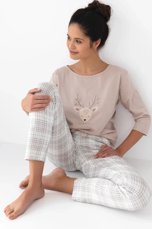 Długa piżama damska z bawełny GAIA, beżowa