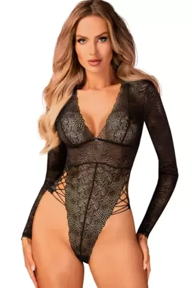 Modne, ażurowe body na długi rękaw MERLYS TEDDY, czarne
