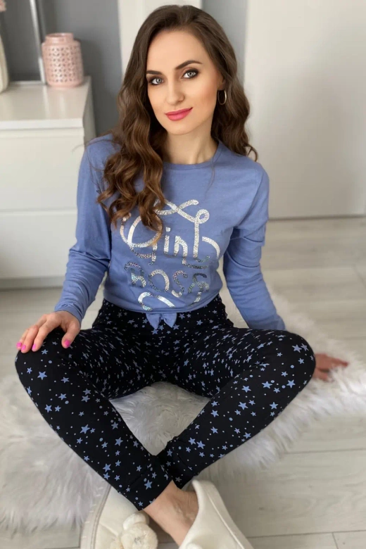 Bawełniana Długa Piżama Damska GIRLY w gwiazdy, niebieska