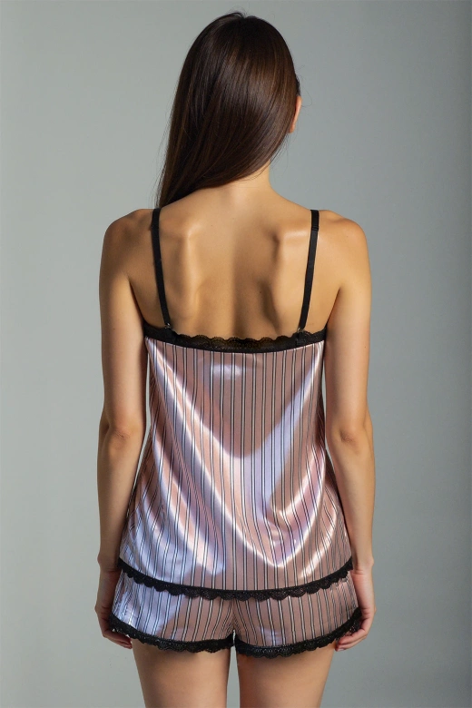 Satynowa piżama damska w paski z koronką Donna, różowa