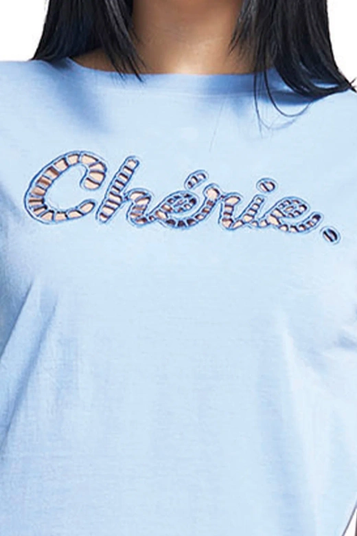 Bawełniana piżama długa damska z ażurowym haftem i paskami Juliana, niebieska