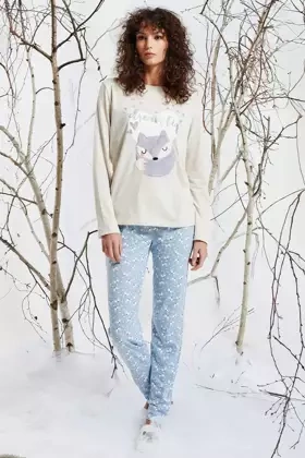 Urocza bawełniana piżama damska z liskiem ZERDA, ecru