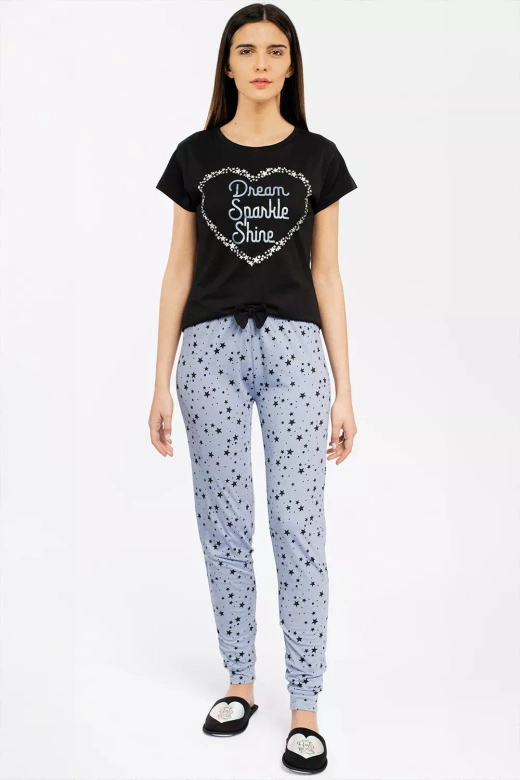Bawełniana Krótka Piżama Damska GIRLY w gwiazdy, czarna