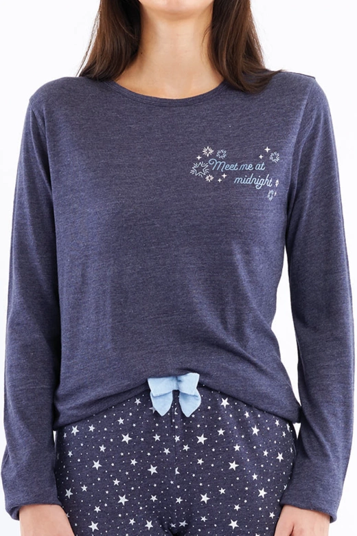 Miękka piżama damska z metalicznym napisem i kokardką DENISA, granatowa