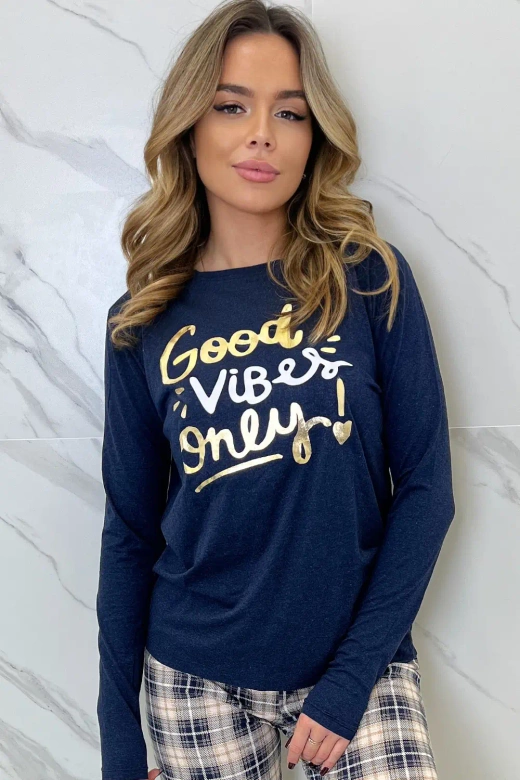 Piżama Bessy z aplikacją i spodniami w kratę, granat