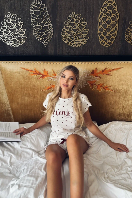 Piżama damska krótka bawełna w serca VALENTINA, biały