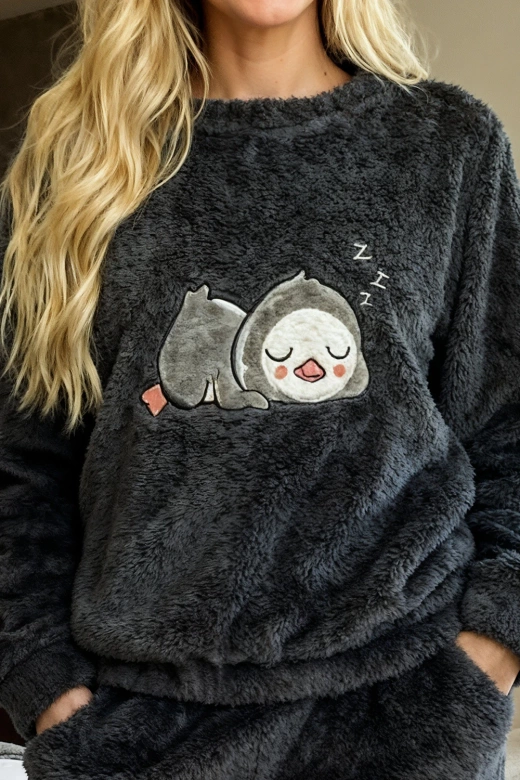 Ciepła miękka damska piżama z polaru soft słodka PINGWIN, grafit