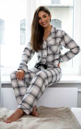 Piżama Sensis Cressida dł/r S-XL śmietankowy-szary-kratka