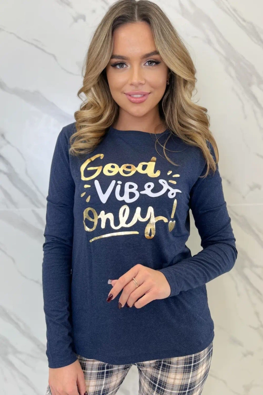 Piżama Bessy z aplikacją i spodniami w kratę, granat