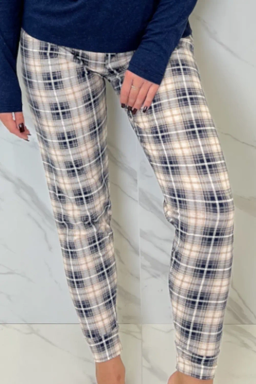 Piżama Bessy z aplikacją i spodniami w kratę, granat