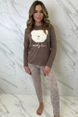 Piżama damska Lily z uroczym misiem, brązowa