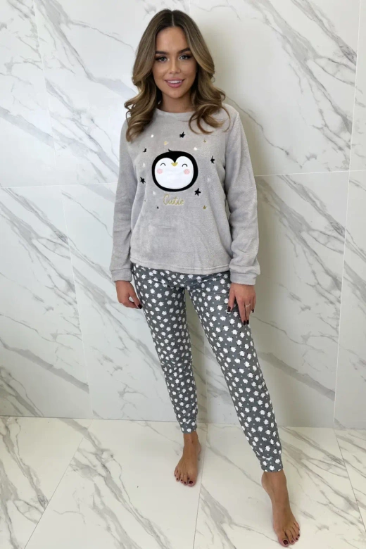 Ciepła piżama damska z pingwinem ADELIE, szary jasny