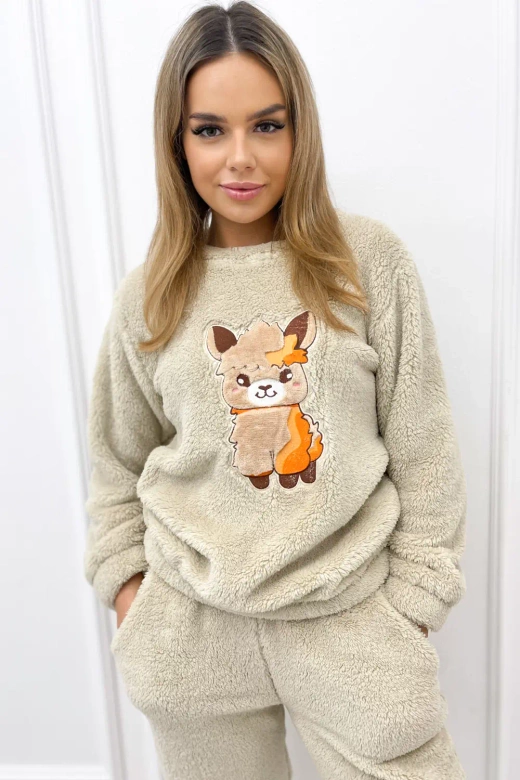 Ciepła miękka damska piżama z polaru soft słodka LAMA, beż