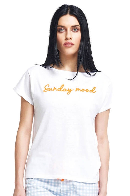 Długa bawełniana piżama damska z haftem Dana, niebieska