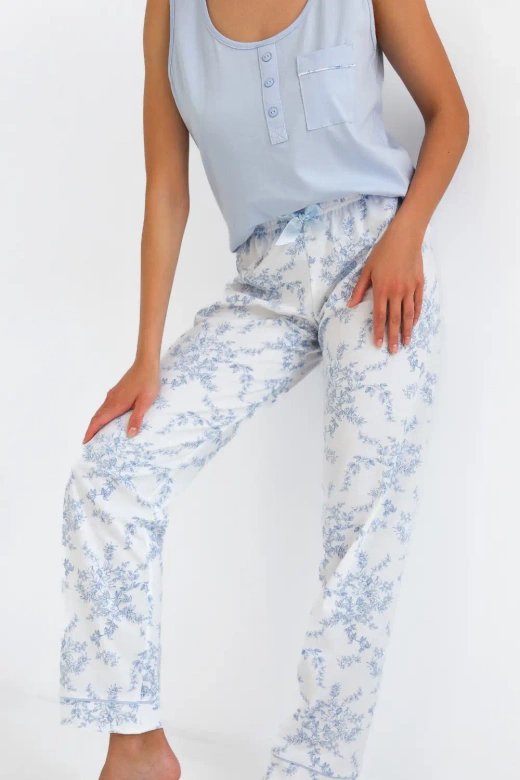 Bawełniana długa piżama ARELY z kieszonką, niebieska