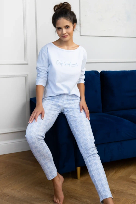 Długa piżama damska 100% bawełna Marina, niebieska