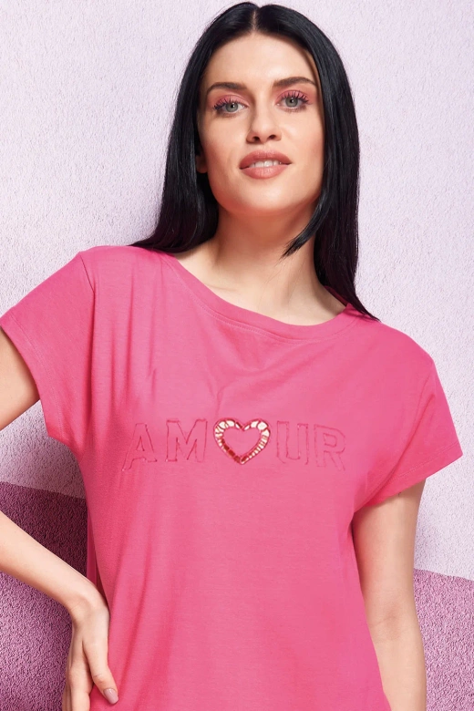 Koszula nocna w paski z koronkową falbanką Oxksana, różowa