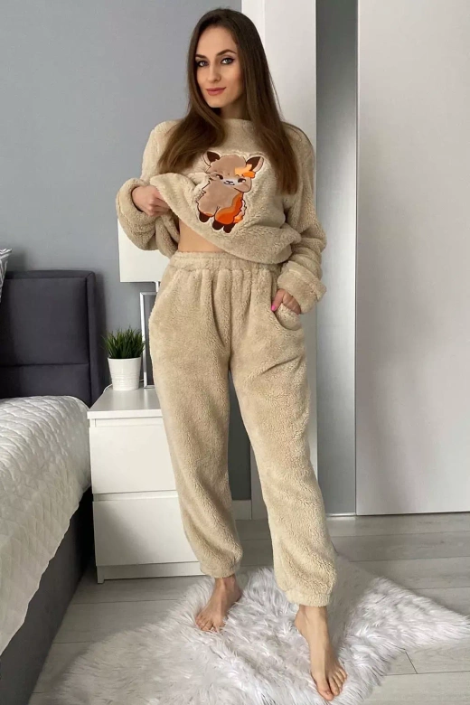 Ciepła miękka damska piżama z polaru soft słodka LAMA, beż