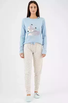 Urocza bawełniana piżama damska z liskiem ZERDA, niebieska