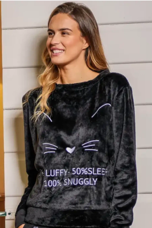 Ciepła miękka długa damska piżama SLEEPY, czarna