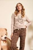 Piżama damska Lily z uroczym misiem, beżowa