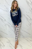 Piżama Bessy z aplikacją i spodniami w kratę, granat