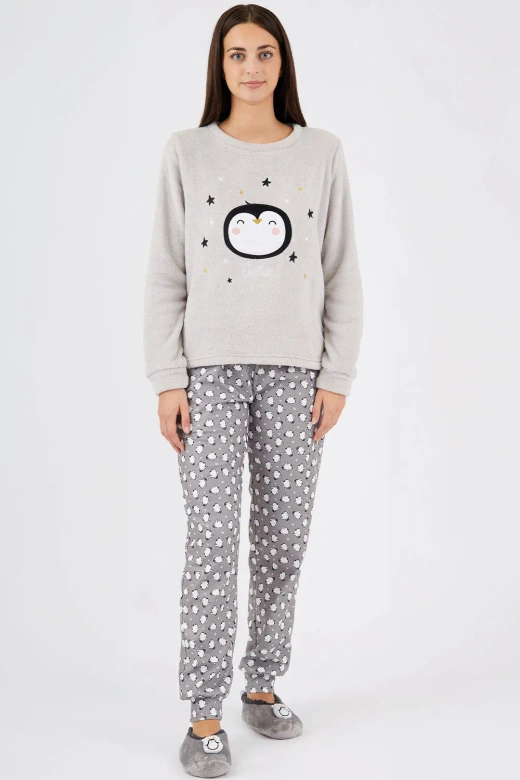 Ciepła piżama damska z pingwinem ADELIE, szary jasny