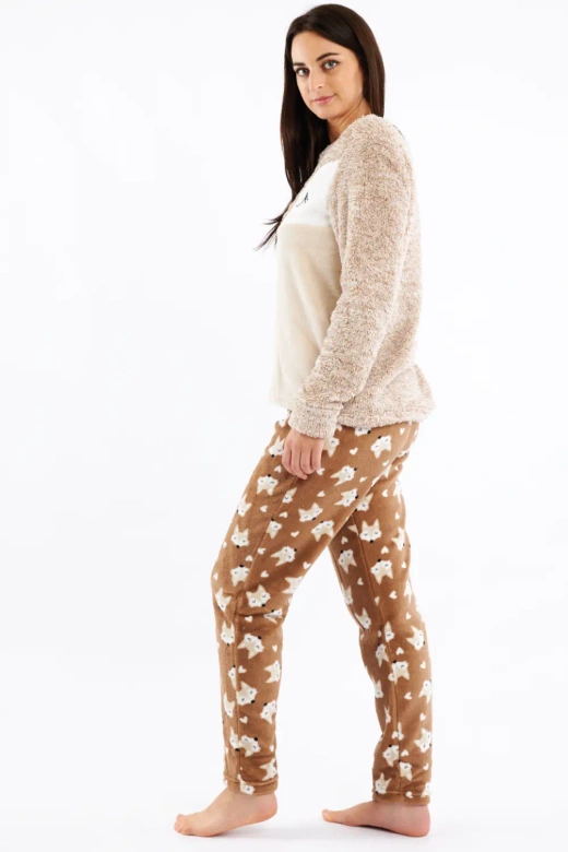 Ciepła miękka długa damska piżama LISEK, brąz