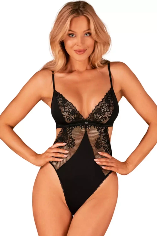 Seksowne body MADERRIS z siateczki i koronki, czarń