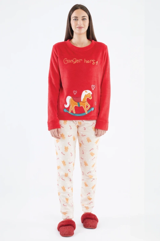 Ciepła polarowa piżama damska z konikiem i napisem MEDDY, czerwona