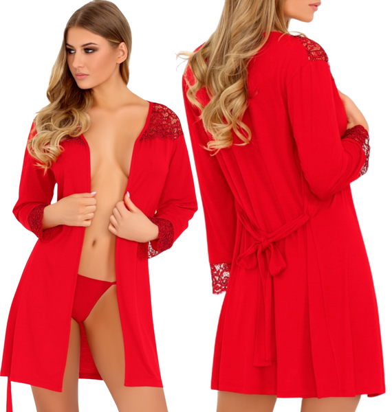 OMOLARINA elegancki szlafrok/podomka z koronką, czerwony