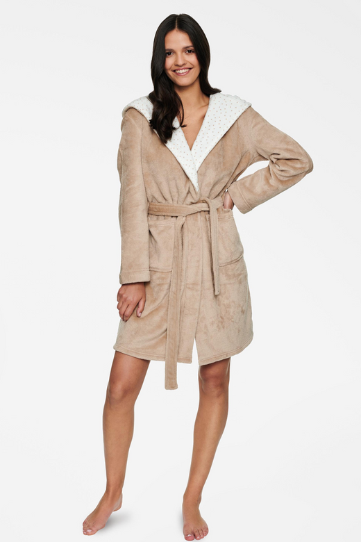Ciepły pluszowy szlafrok damski HOOKY kaptur różki, beż