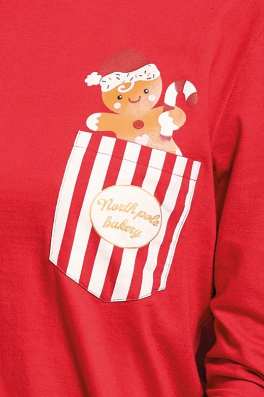 Świąteczna piżama z kieszonką i nadrukiem piernikowym GRETEL, czerwona