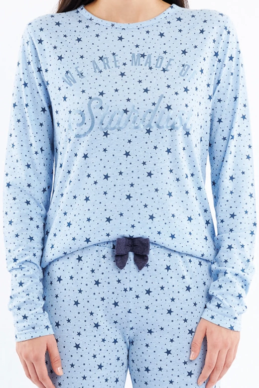 Miękka piżama damska z metalicznym napisem i kokardką DENISA, błękitna